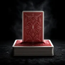 A red-backed card standing upright on top of its deck.