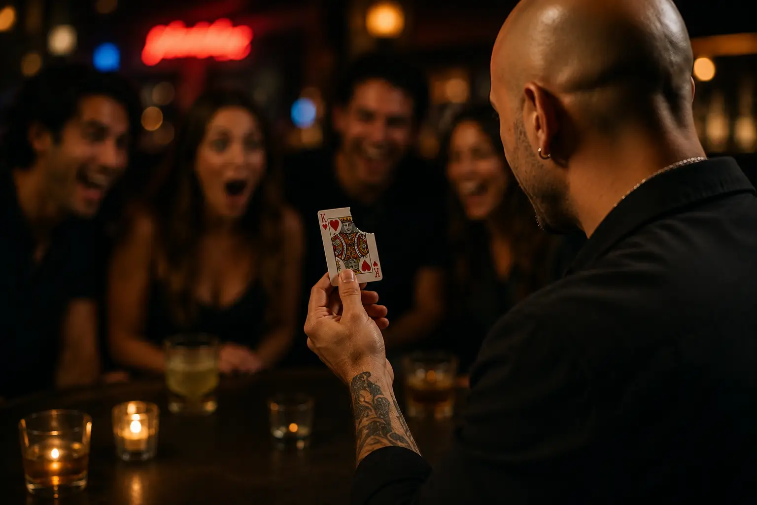 A magician reveals a bitten-and-restored card to an astonished group of friends at a candlelit bar.