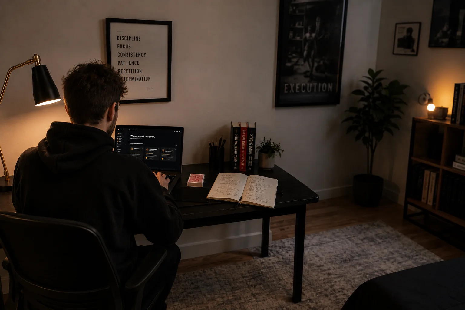 A magician catalogs a trick at a desk under a warm lamp, journal and worn deck beside the laptop.