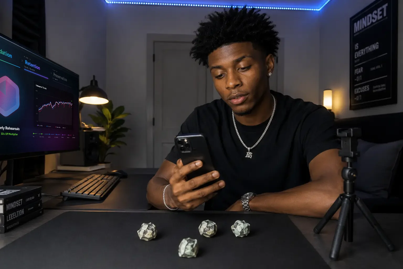 A magician reviews his rehearsal footage on his phone, his Trickifi mastery trends on the monitor beside him and folded-bill props on the mat in front of him.