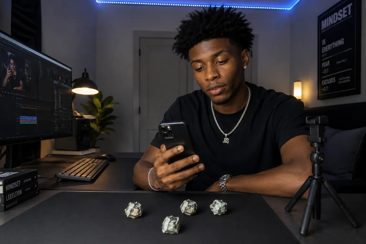 A magician reviews his rehearsal footage on his phone at an editing desk, folded-bill props on the mat in front of him.