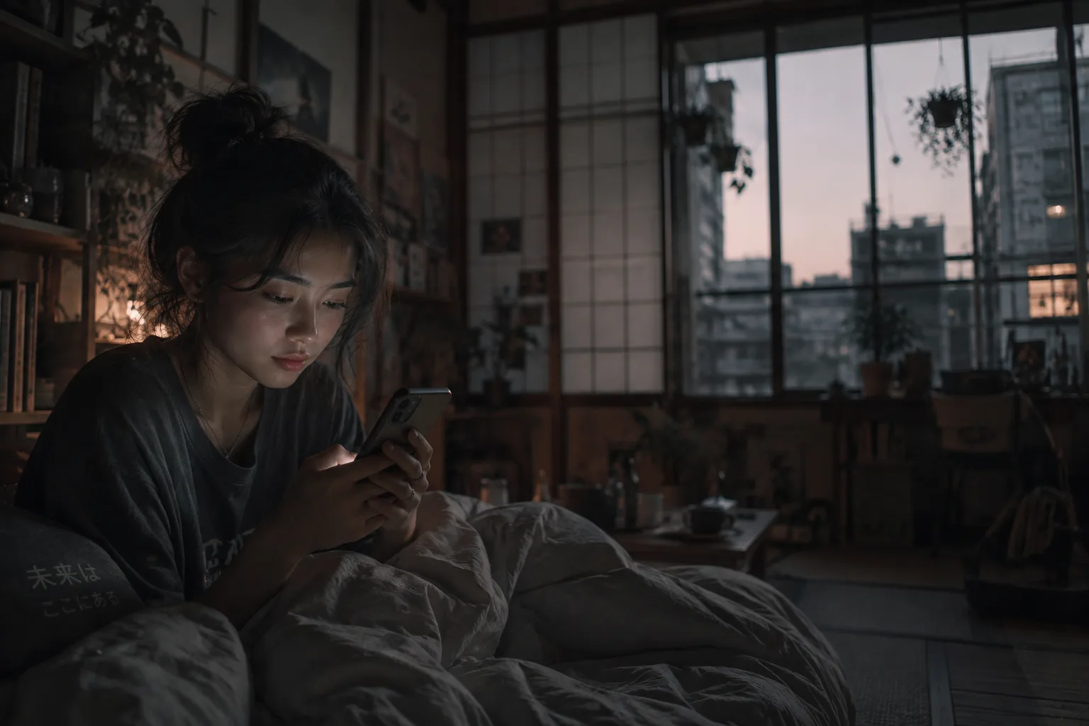 A young magician checks her practice schedule on her phone from bed at dawn, city light in the window behind her.