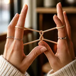 Two hands linked by hair ties knotted between their fingers.