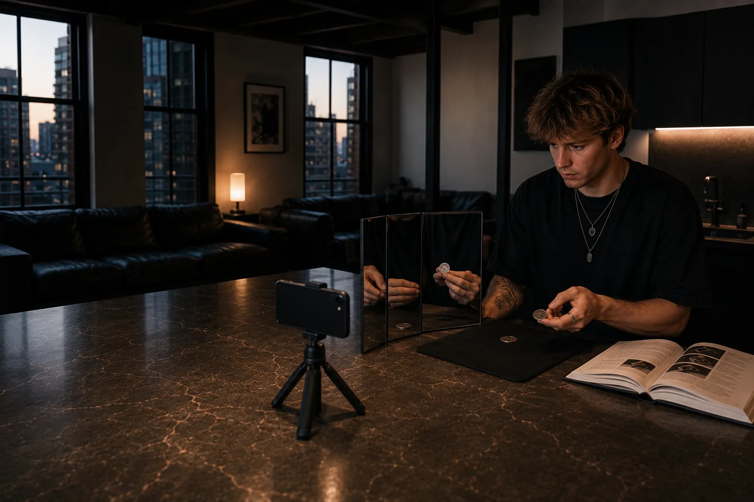 A magician drills a coin sleight at a kitchen island in front of a practice mirror while a phone on a tripod records.