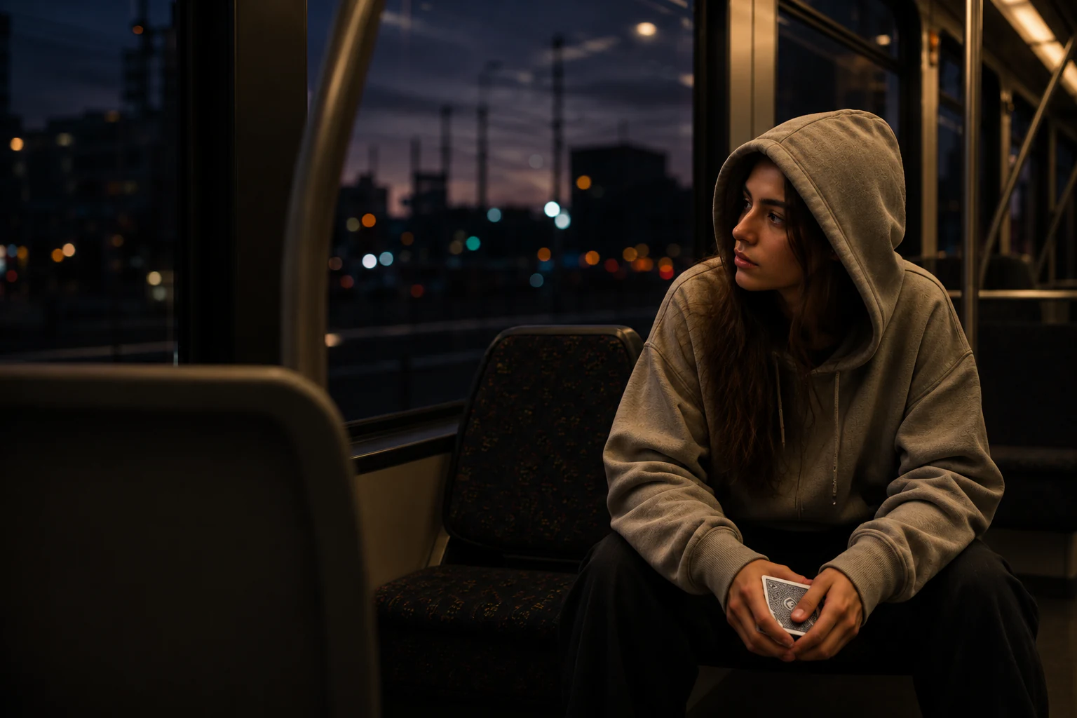 A hooded magician sits alone on a night train, a worn deck cradled in both hands, city lights passing beyond the window.